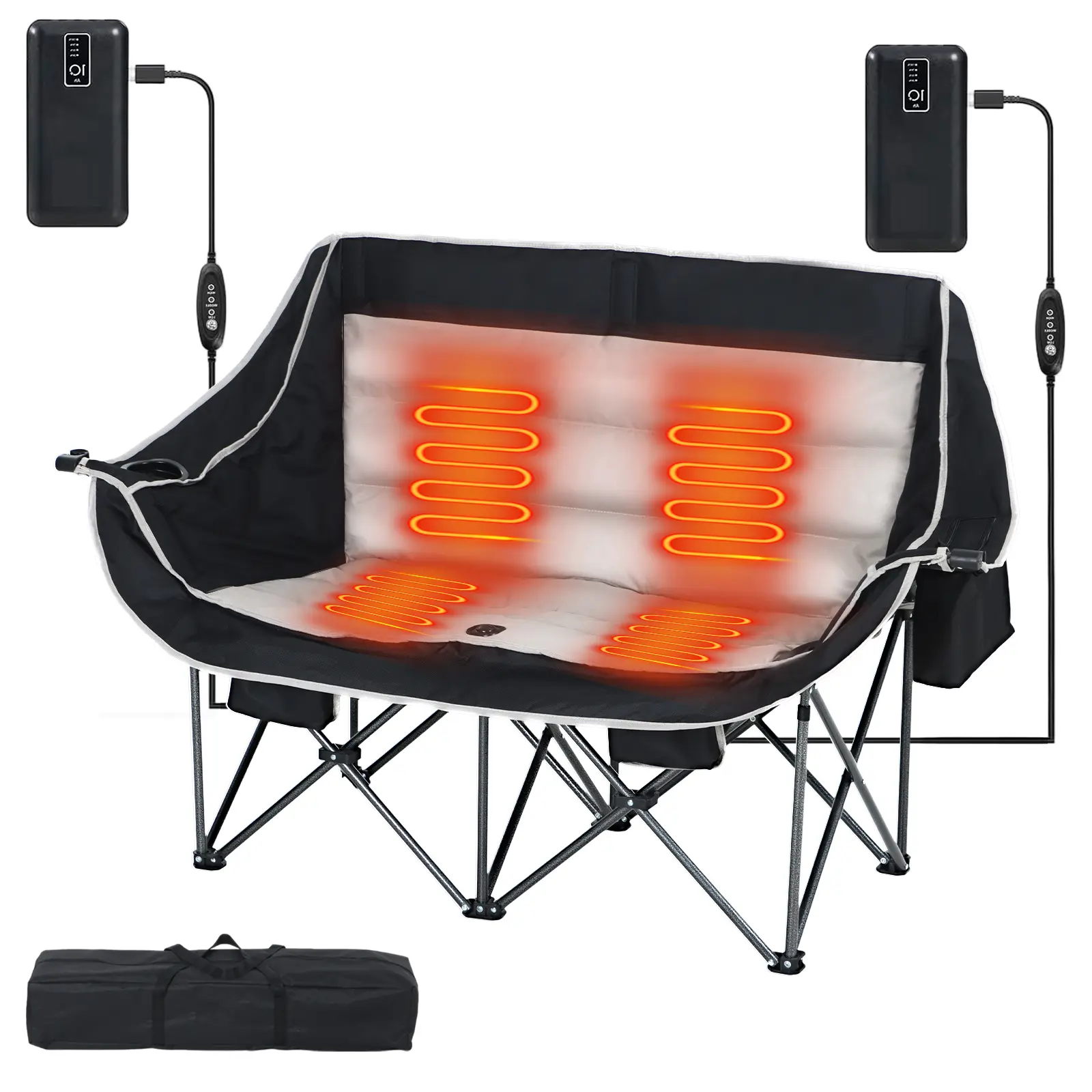 Oversized Heated Double Camping Chair, Padded Loveseat with Built-in Cooler, Cup & Wine Holders for Outdoor Adventures, Comfortable Resting Spot, Cozy, Oversized Padded Design, Double Use