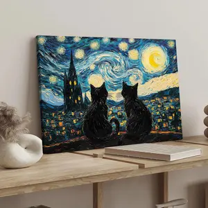 Van Gogh Style Cat Pattern Wooden Framed Stretched Canvas Painting, 1 Count Modern Art Decoration, Living Room Bedroom Decoration, Hallway Office Mural, Ideal Gift