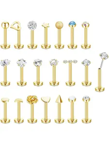 20 Pcs Golden Silvery Cute Threadless Push-in Lip Studs for Women Men Sparkle Zirconia Stainless Steel Tragus Helix Earrings Studs Nose Studs Labret Jewelry Set Cartilage Piercings
