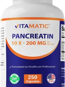 Vitamatic Pancreatin 10X Digestive Enzymes – 250 Capsules – Made with Protease 50,000 USP, Amylase 50,000 USP & Lipase 4,000 USP – Supports Protein, Carb & Fat Digestion – Non-GMO – Made in USA