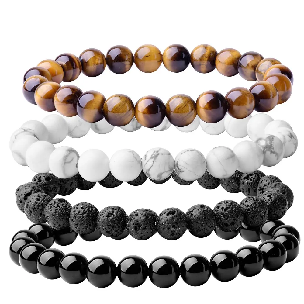 4PCS 8mm Natural Black Onyx Stretch Bracelets Set, Unisex Semi-Precious Gemstone Stackable Energy Healing Crystal Beaded Bracelet for Men & Women, Natural Crystal Bracelets, Natural Unique Gemstone