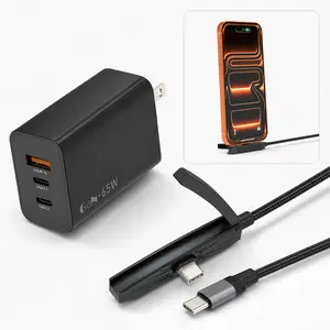 GaN 65W Super Fast Charging Kit, 2 USB-C + USB-A ports, supports PD 3.0 and QC 4+, 6FTUSB-C nylon-braided fast-charging cable paired with a 90° foldable phone stand, compatible with iPhone 17/16/15 Pro, Samsung S26/S25/S24, MacBook, and iPad Pro