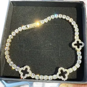 Tennis Bracelet with Cubic Zirconia Gold Plated Design Featuring Elegant Black Floral Accents