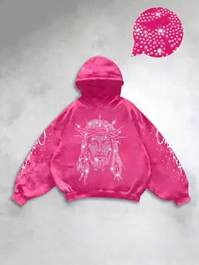 Men's Vintage Hoodie with Jesus Rhinestone Print, Warm Soft Fabric, Trendy Versatile Casual Wear for Daily