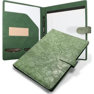 Professional Padfolio Portfolio Binder Textured Embossing Faux Leather Folder Organizer for Letter Size Legal Pad Notepad Resume Card Holder for Women Men Business Office Conference Green
