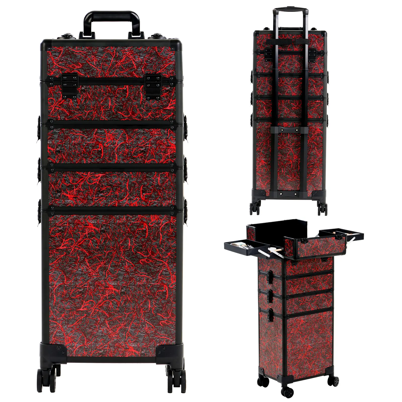 KEEYOTEK Unique Crackle Texture Rolling Cosmetic Storage Box, Aluminum Frame Makeup Trolley with 360° Silent Dual Universal Wheels, Wear-Resistant Sturdy Large Beauty Organizer for Makeup Artist Salon Travel