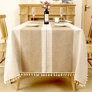 PENGDI Country Linen Tablecloth, suitable for 6-foot rectangular dining tables, waterproof and washable rectangular/oblong tablecloth with tassels, measuring 55 inches x 86 inches, accommodating 6 - 8 people modern farmhouse decor rectangular tablecloth