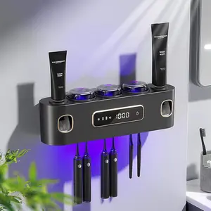 Toothbrush Holders and 2 Toothpaste Dispenser with Drying and, Wall Mounted Toothbrush Organizer for/Manual Toothbrushes with 3 Cups 6 Slots (Gray)