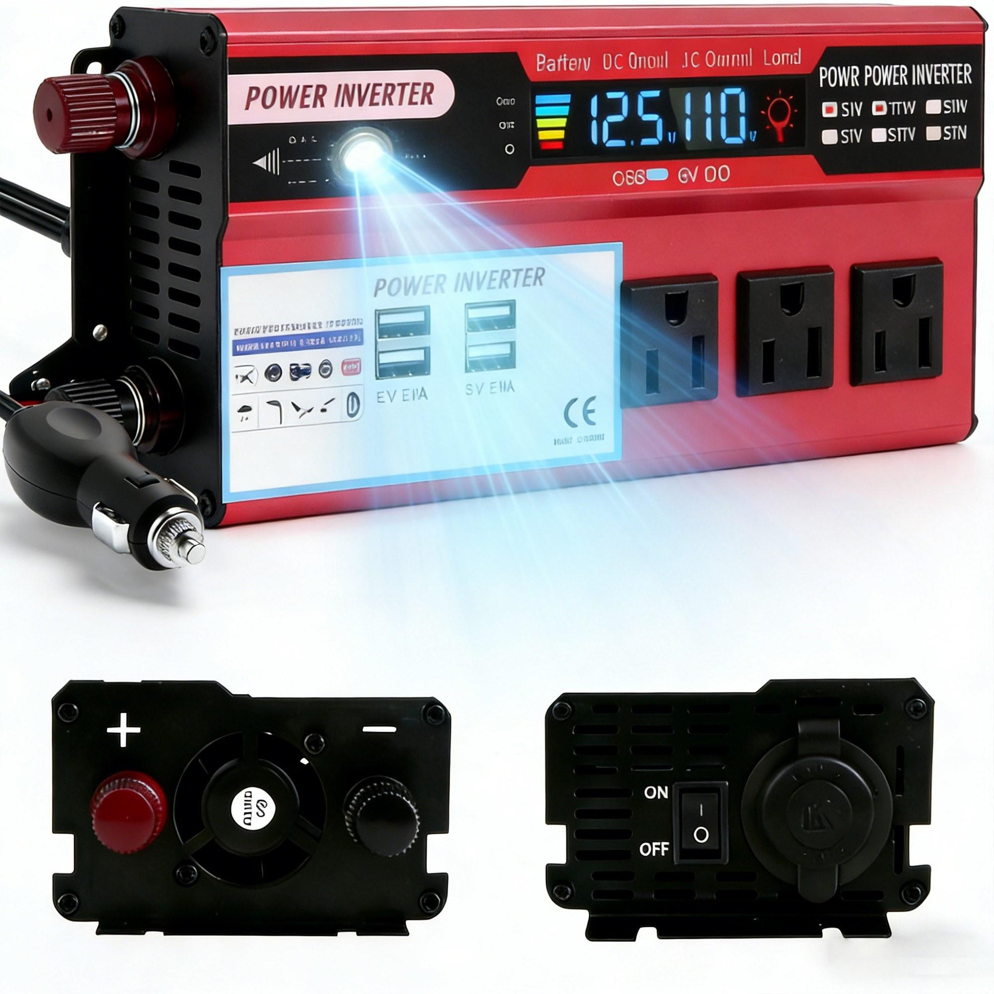 Portable Car Power Inverter with 3 AC Outlets 4 USB Fast Charging Ports DC 12V to 110V AC Converter 5000W Peak Power Vehicle Charger for RV Truck Boat Camping Road Trip Emergency Backup Power Supply with Overload & Overheat Protection