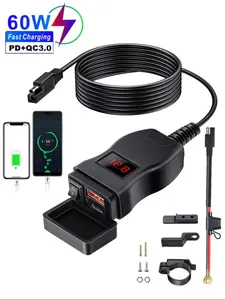 6.4A QC3.0 + PD Motorcycle USB Phone Charger, Waterproof 12V Power Adapter with Switch Voltage Meter Socket, Motorcycle Accessories, Motorbike
