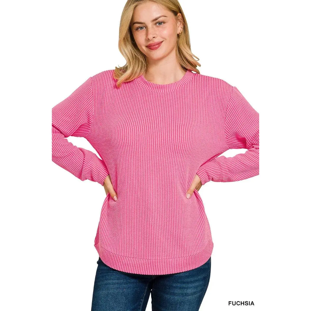 Zenana Plus Size Raised Rib Round Neck Long Sleeve Top - Womenswear Tops Sweaters