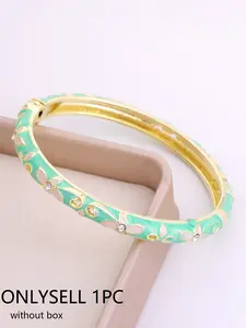Bohemian Floral Enamel Bangle Bracelets, Crystal Embellished Gold Tone Wrist Jewelry, Ideal for Everyday & Special Occasions, Fashionable Bracelet