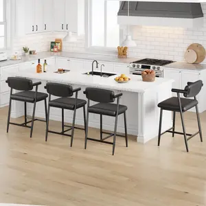 Bar Stools Set of 4 with Arms, 26" Counter Height Barstools Set with Back & Footrest, 4-Piece Modern Metal Bar Stools, Wide Seat for Counter Bar, Kitchen Island, Easy Assembly, Retro Black