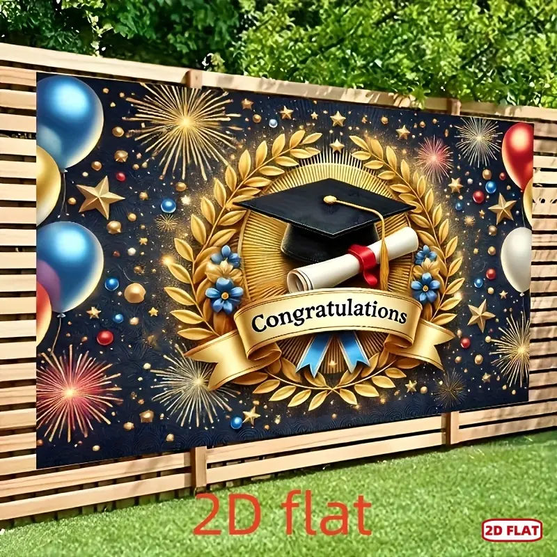 1pc Soft 2D Flat Glam Graduation Congratulations Banner - Durable Polyester, Vibrant Patterned Print, Diploma & Laurel Motif, Indoor-Outdoor Party Backdrop, Decorative Textile for Photography Studio Props
