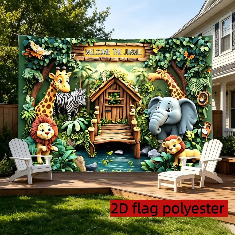 2D Flat banner 1pc cartoon jungle animal theme background cloth, tropical rainforest scene decorative hanging cloth with cartoon animal pattern, suitable for birthday parties, jungle theme activities, adventure theme decorative wall cloth, multiple sizes
