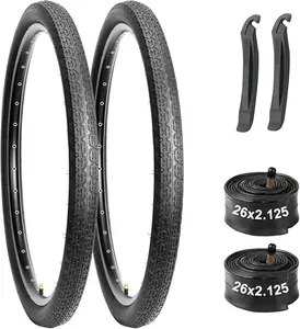 26x2.125 Cruiser Bike Tires Set: Black/White Wall Folding Replacement Tires and Pair 26-inch Inner Tubes for Beach Cruiser and Urban Commuting Bicycle