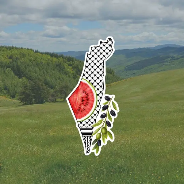 Watermelon Olive Map Sticker Keffiyeh Pattern Vinyl Decal, Cultural Aesthetic Sticker for Laptop Car Water Bottle, Unique Middle East Inspired Design Gift