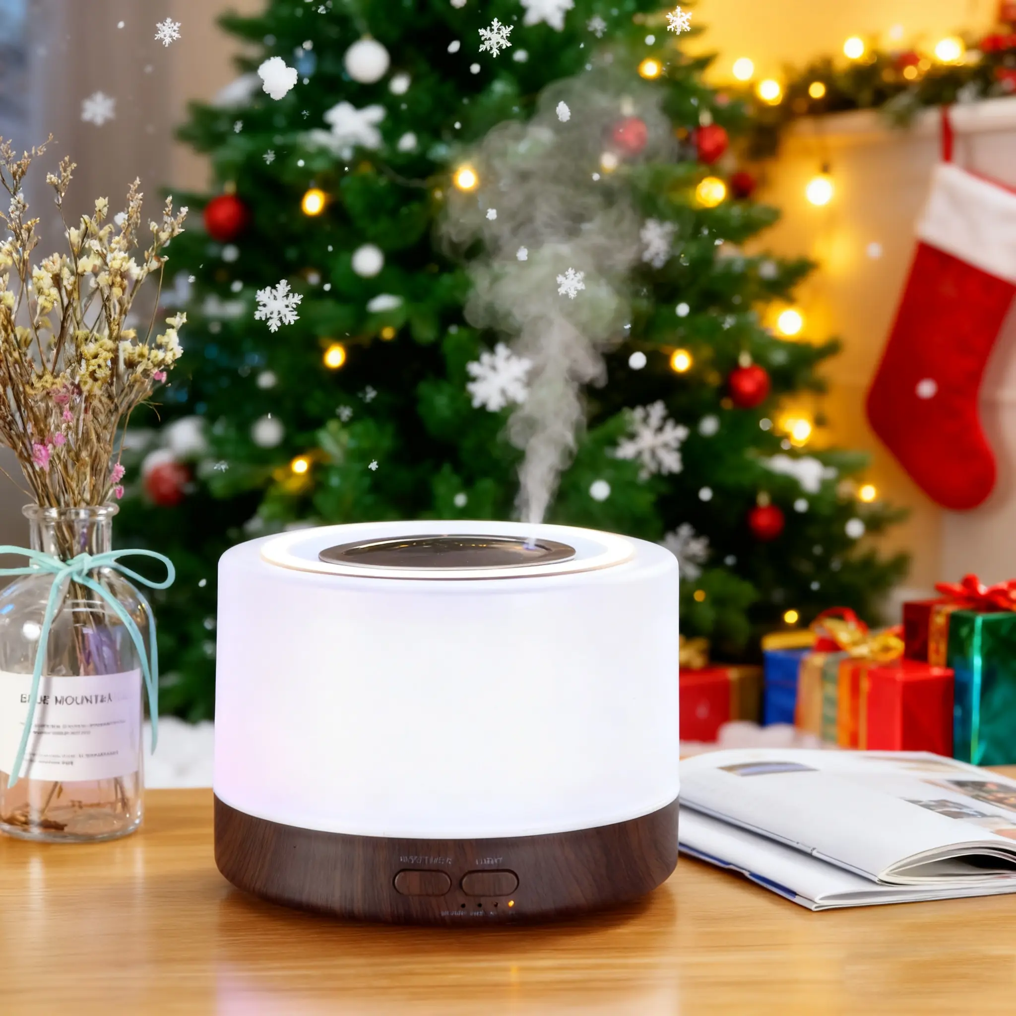 Remote Control Ultrasonic Wood Grain Aroma Diffuser 500ml - essential oil diffuser with 6 Oils, Colorful LED Flame Aroma Diffuser, aroma 360 diffuser, ritz carlton diffuser Adjustable Essential Oil Diffuser with Night Light