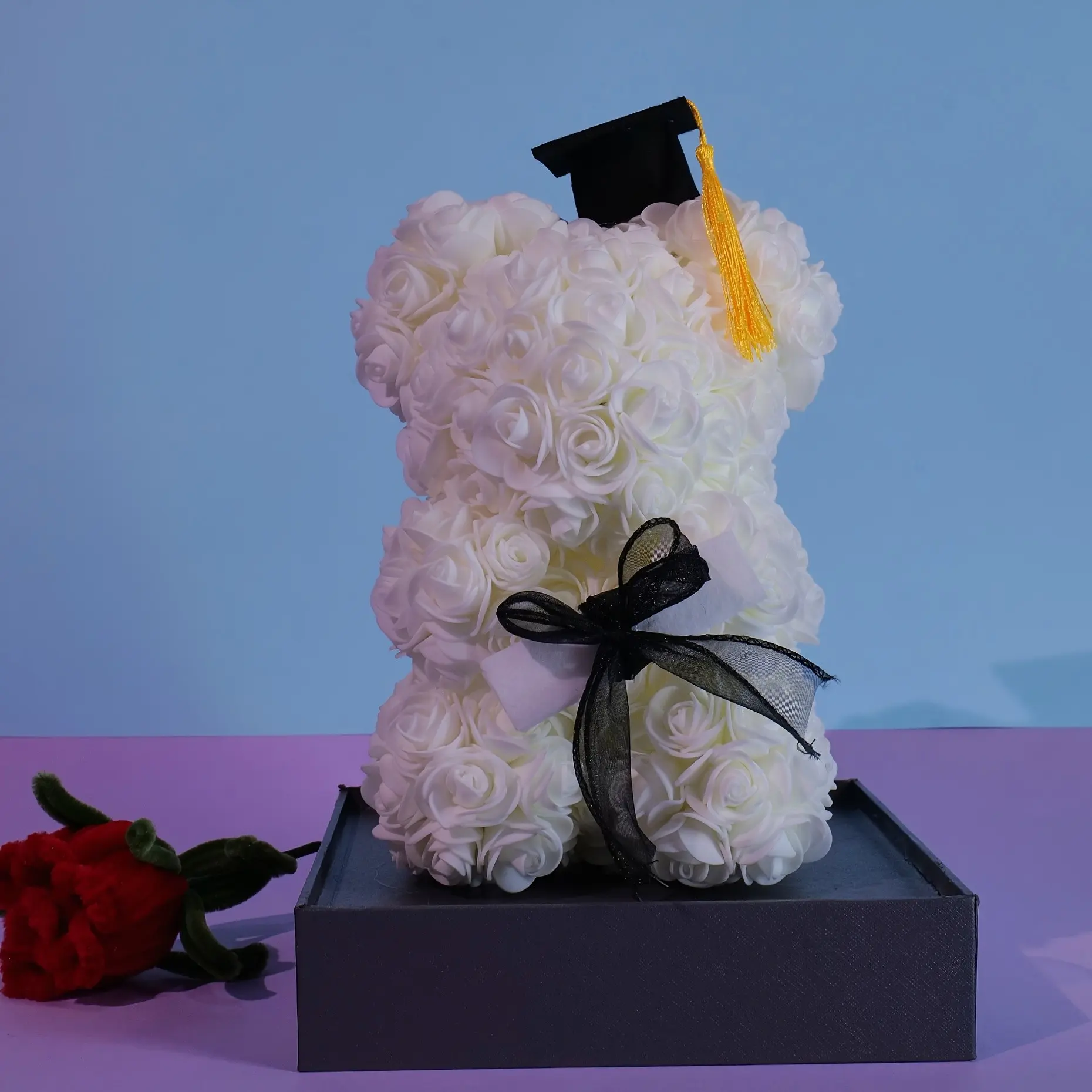 Graduation Gift Bear with Rose Hat, Multiple Colors Available, Perfect Graduation Present, Gift Idea, Elegant and Unique Design, Artificial Rose Bear, Graduation Bear Gifts