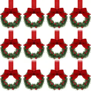 12 Christmas Kitchen Cabinet Wreaths with Fringe Berry Mini Wreath Farmhouse Style Holiday Decor Classic Design Durable Plastic 13 cm Diameter