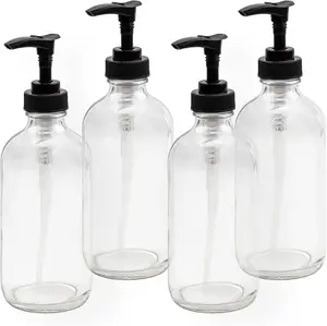 8oz Clear Glass Pump Bottles (4-Pack w/Black Plastic Pumps),  as Essential Oil Bottles, Lotion Bottles, Soap Dispensers, and More