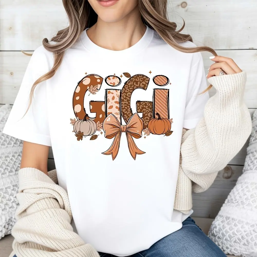 Women's Short-Sleeve Breathable Casual Essential Fabric Autumn T-Shirt, Gigi With Pumpkins And Bow Design, Gift For Grandmother