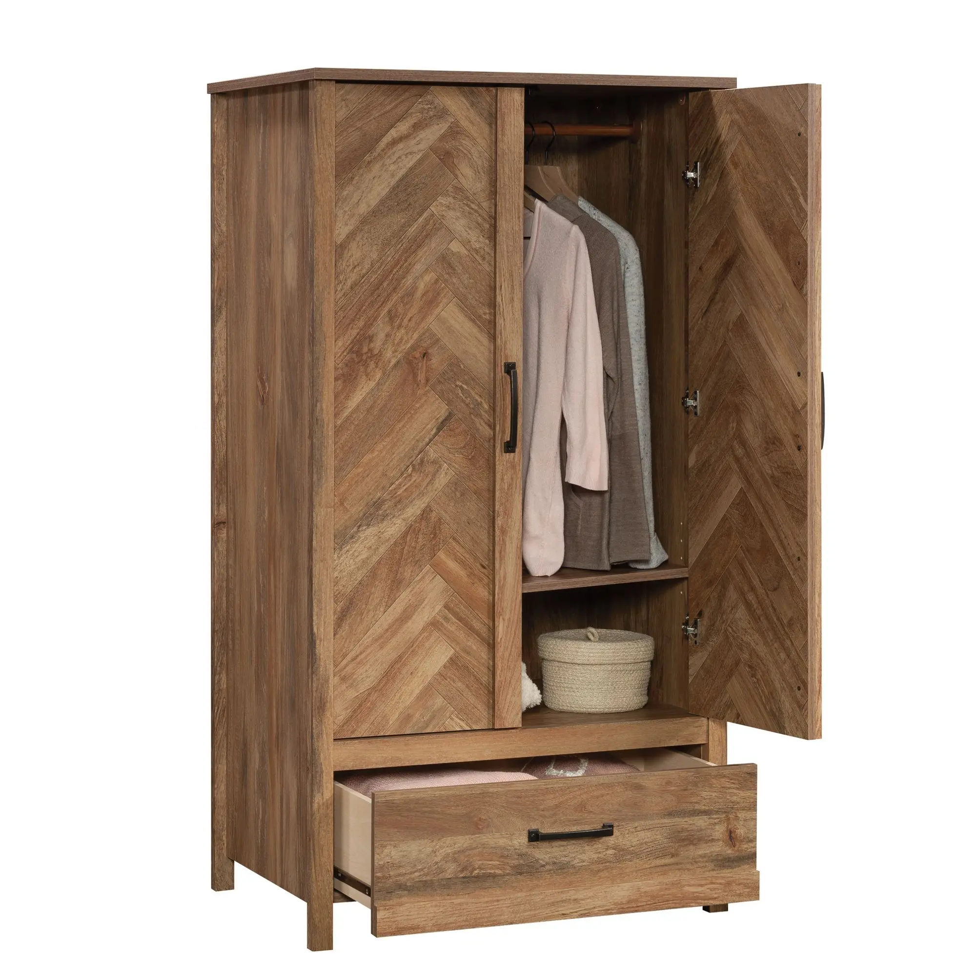 Sauder Cannery Bridge Engineered Wood Freestanding Storage Furniture Wardrobe - Single Unit Large Vertical Wardrobes, Herringbone Hidden Area, Garment Rod, Adjustable Shelves, Industrial Look, Assembly Required, Clothing Organizer
