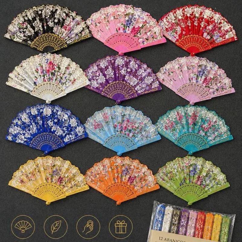 12 Pack Decorative Folding Hand Fans – Assorted Colors Floral Lace Design Handheld Fans 12 Pack Floral Folding Hand Fans – Assorted Colors