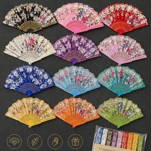 12 Pack Decorative Folding Hand Fans – Assorted Colors Floral Lace Design Handheld Fans 12 Pack Floral Folding Hand Fans – Assorted Colors