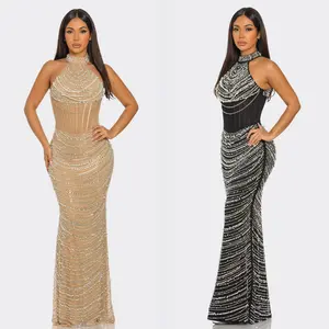 Luxury Pearl & Rhinestone Embellished Corset Gown – Halter Neck Mesh Evening Maxi Dress