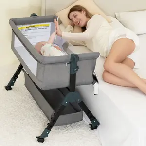 Baby Bassinet Sleeper, 6 Height Adjustable Cribs, Easy to Fold Portable Crib Side Bassinet, Swing Cradle Bed Side Sleeper with Ventilated Net&Wheels Folding Cot Layer Floorbed
