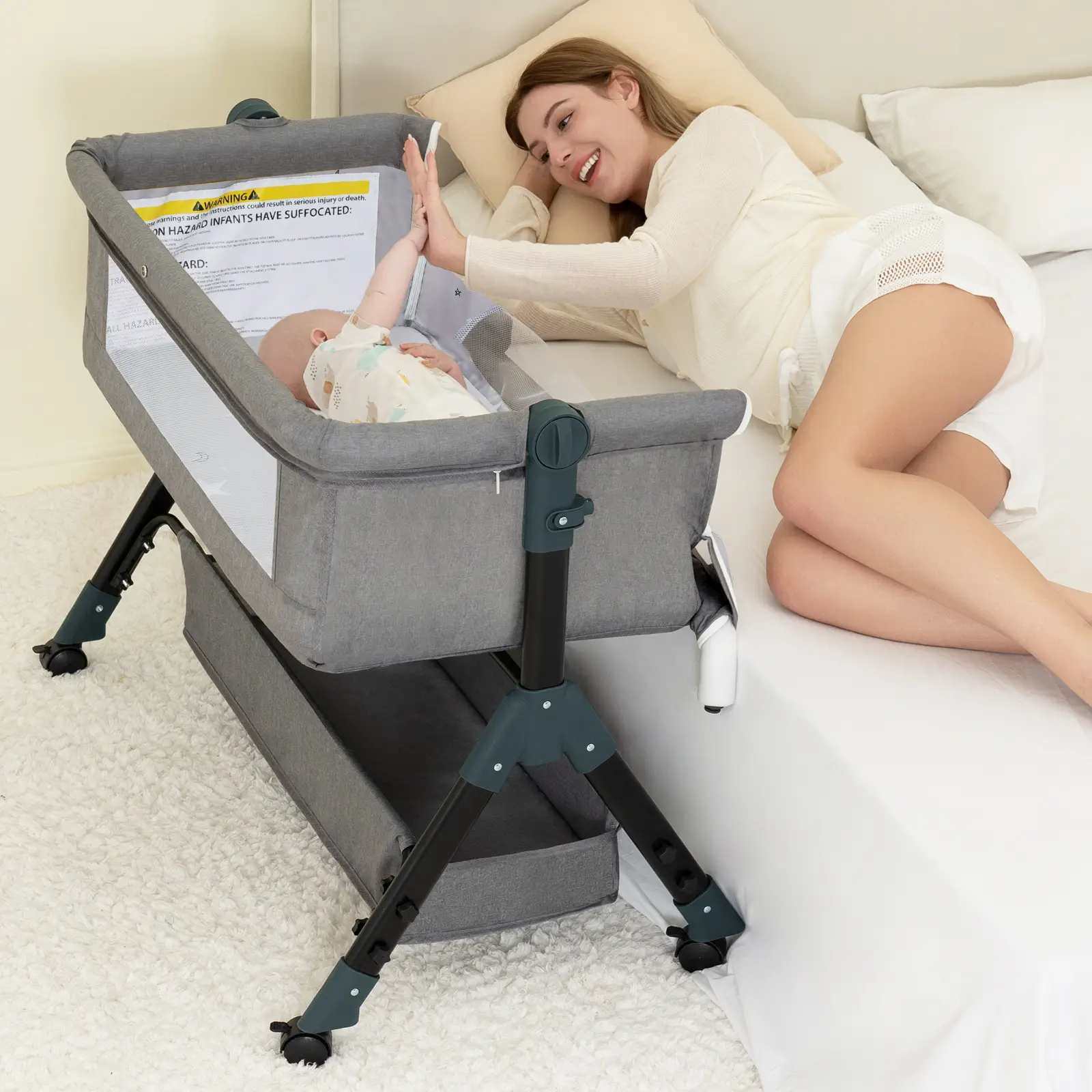 Baby Bassinet Sleeper, 6 Height Adjustable Cribs, Easy to Fold Portable Crib Side Bassinet, Swing Cradle Bed Side Sleeper with Ventilated Net&Wheels