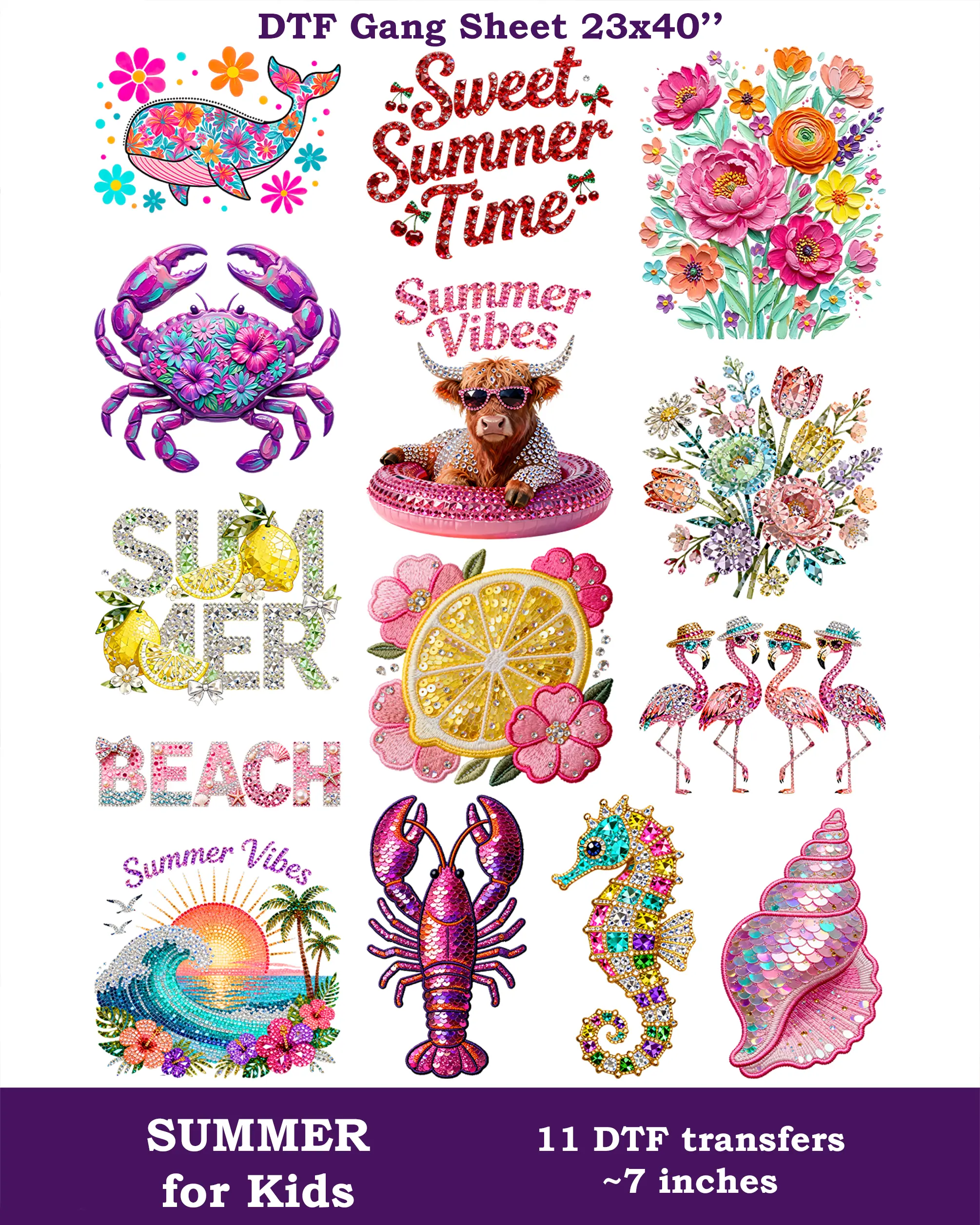 Faux Rhinestone Summer DTF Gang Sheet for KIDS Dtf Transfers Dtf Heat Transfer