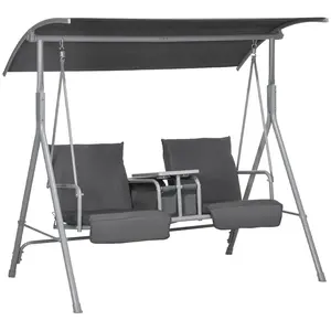 2-Seater Gray Outdoor Porch Swing with Canopy and Table Patio Swing Chair for Garden Poolside or Backyard