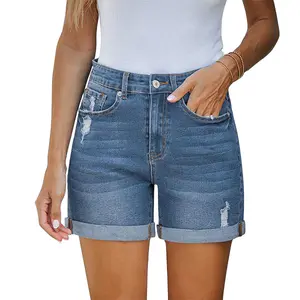 luvamia Denim Shorts Women's Casual Ripped Denim Shorts High Rise Distressed Rolled Hem Jeans Shorts Bottom Pants