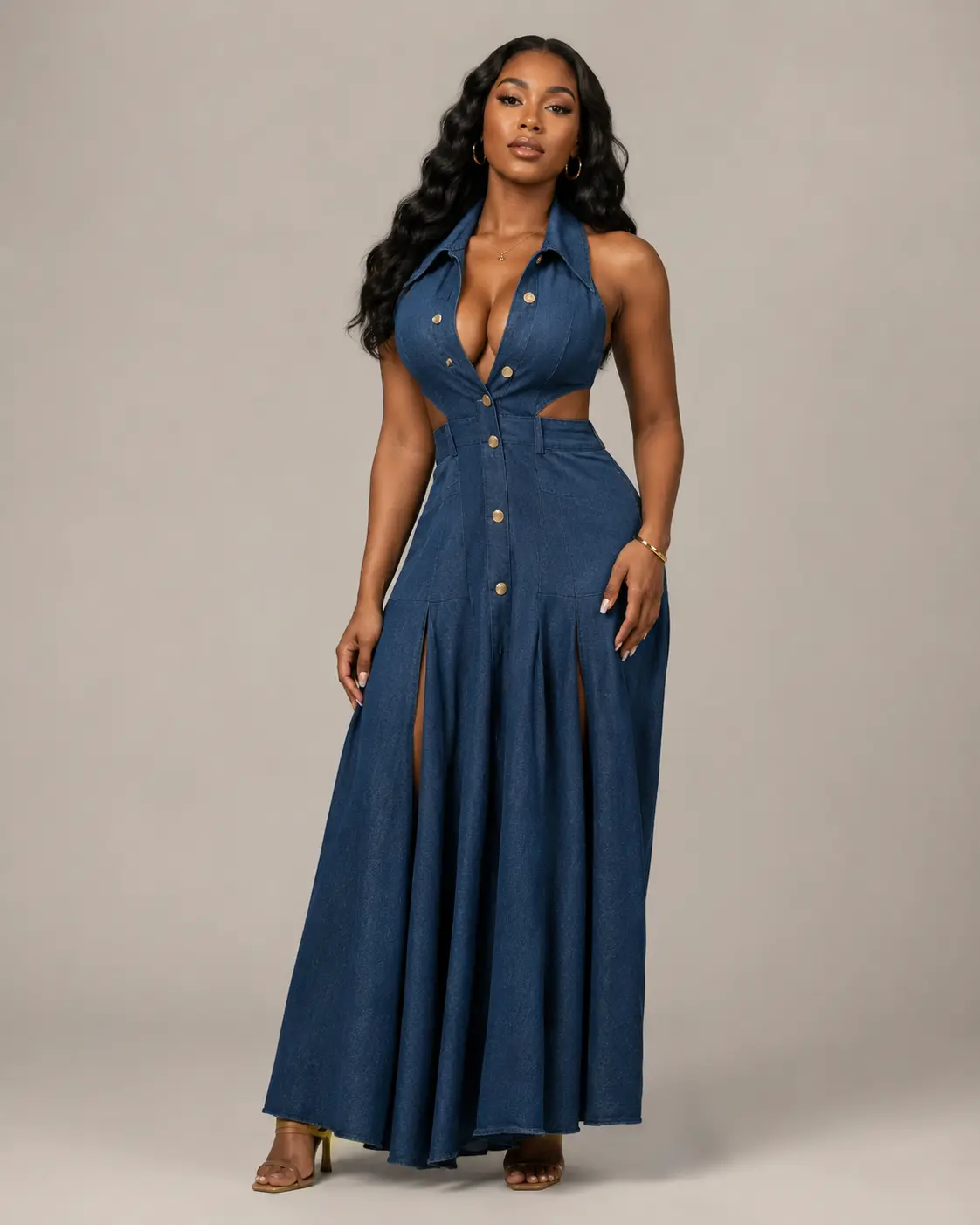 URBAN REVIVO Women's Sleeveless Denim Maxi Shirt Dress, Retro A-Line Style with Waist Cutout and High Front Slit, Women's Fashion, Denim Dress, Maxi Dress For Women, Women's Dresses