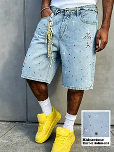 Men's Denim Shorts, Colorful Rhinestone Design, Pocket and Patch Pockets, Casual Fashion Summer Wear, School Daily Street Style