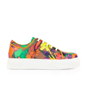 Camila Tropical Women's Luxury Leather Sneaker with Orange Patent Trim Comfortable Lug Sole Perfect for Spring