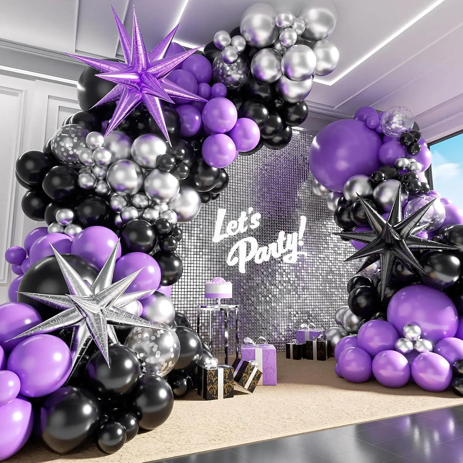 125-Piece Multi-Size Purple, Black and 10inch Silver Confetti Metallic Garland Arch Kit with Cluster Balloons, Easy Assembly Balloon Arches Decorations for Graduation, Birthday, Halloween