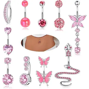 Stylish 10 Pcs Belly Button Rings for Women - 316L Stainless Steel Clicker Belly Piercing Dangly Navel Rings with Blue, Pink CZ Snake, Butterfly Designs