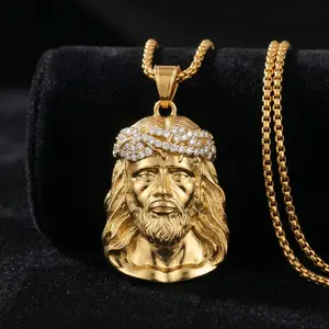 Jesus Big Pendant Necklace Gold Plated 24" Inches Chain with Detailed Pendant Design Fashion Jewelry with gift box