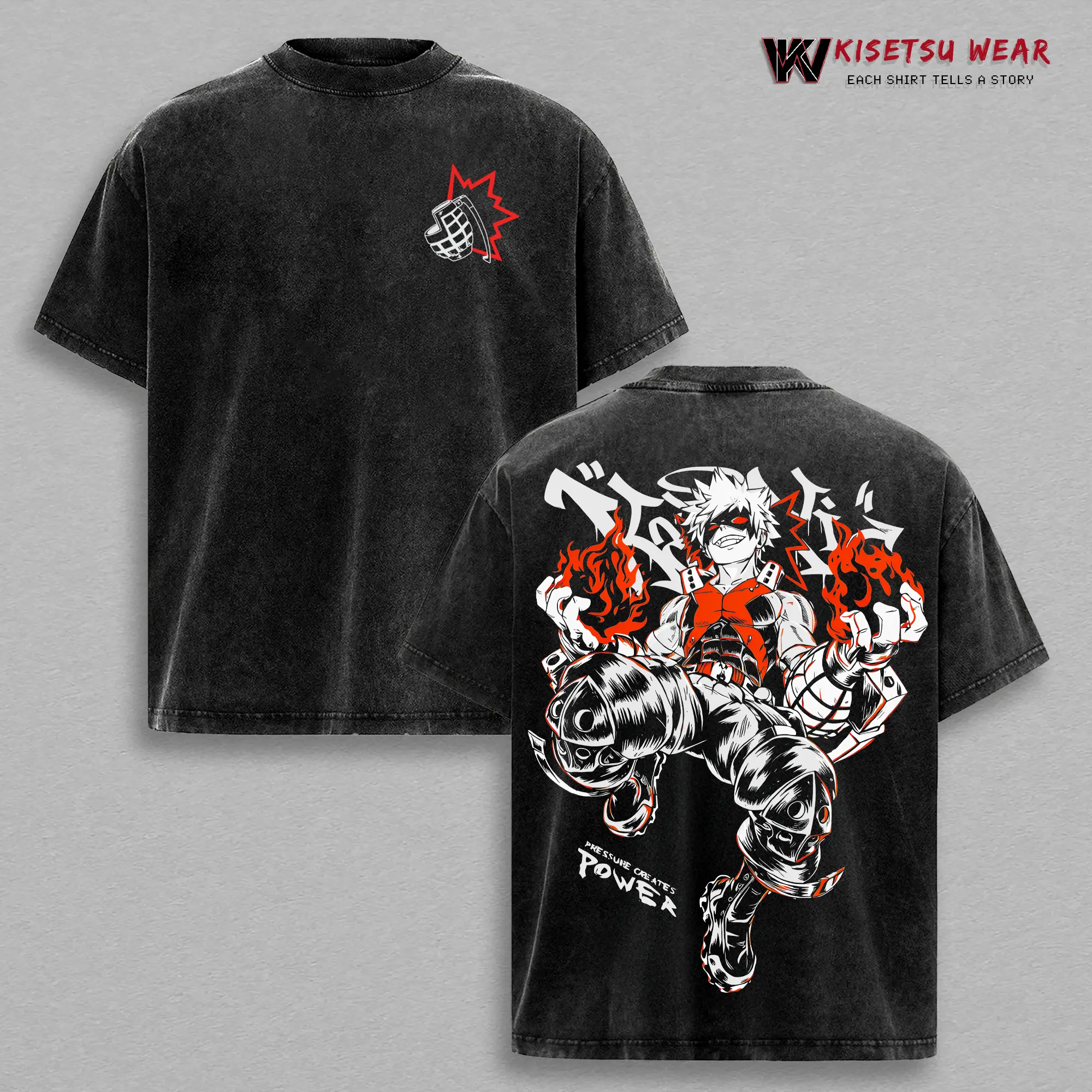 My Hero Academia Bakugo T-Shirt – Vintage Washed Katsuki Bakugo Explosion Quirk Anime Graphic Tee, UA Hero Manga Print, Oversized Soft Cotton Streetwear, Unisex Casual Apparel, Gift for MHA Fans