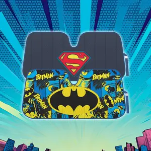 DC Comics Superheroes Car Sunshade for Front Windshields (58"W x 27"L), Accordion Fold Up Style Keep Cool Warner Bros Superhero Dark Knight Batman Superman Man of Steel Justice League