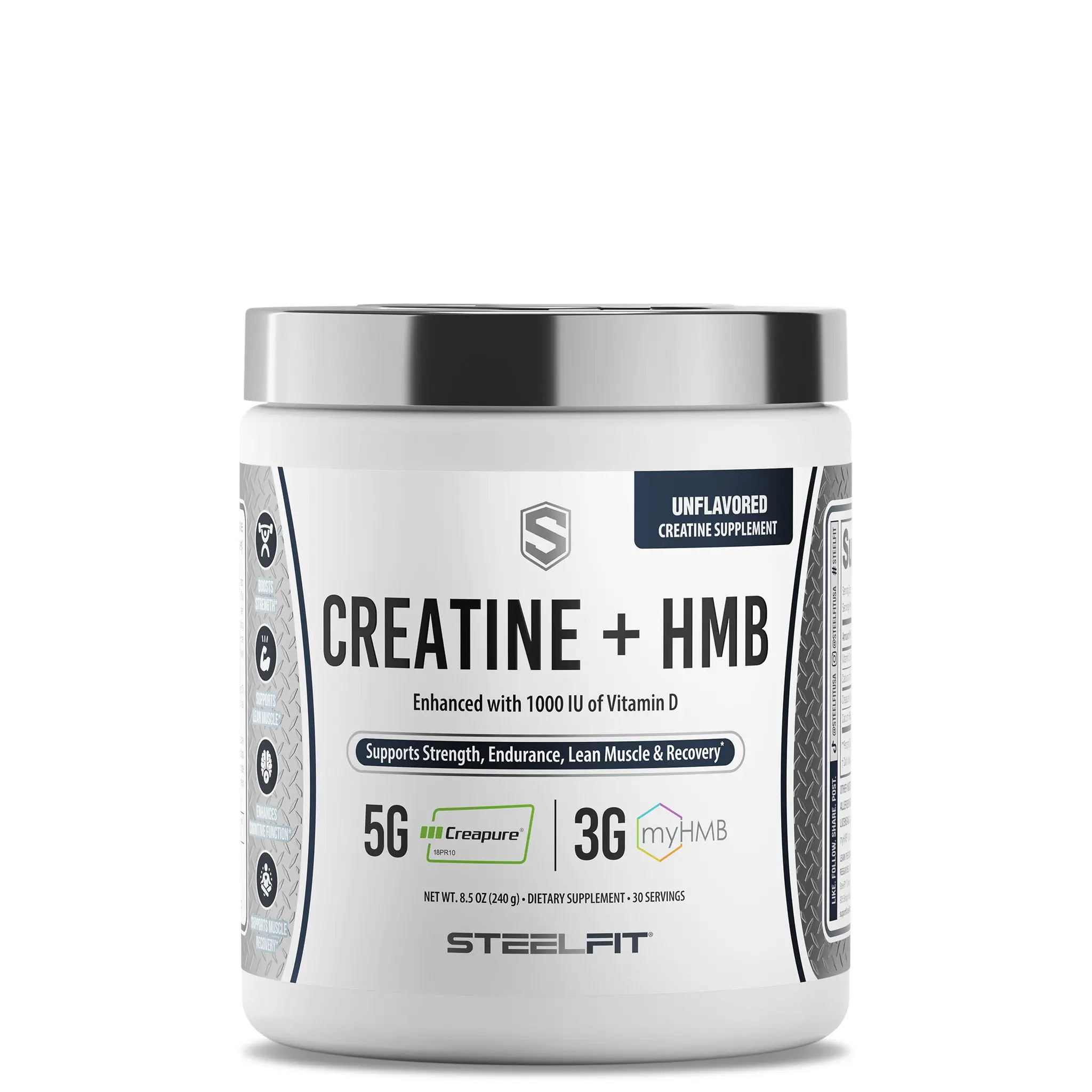 SteelFit Creatine HMB Powder - 5g Creapure Creatine Monohydrate Powder, 3g myHMB & 1000 IU Vitamin D - Workout Supplement Supports Muscle Growth, Strength, Recovery & Energy - Unflavored, 30 Servings