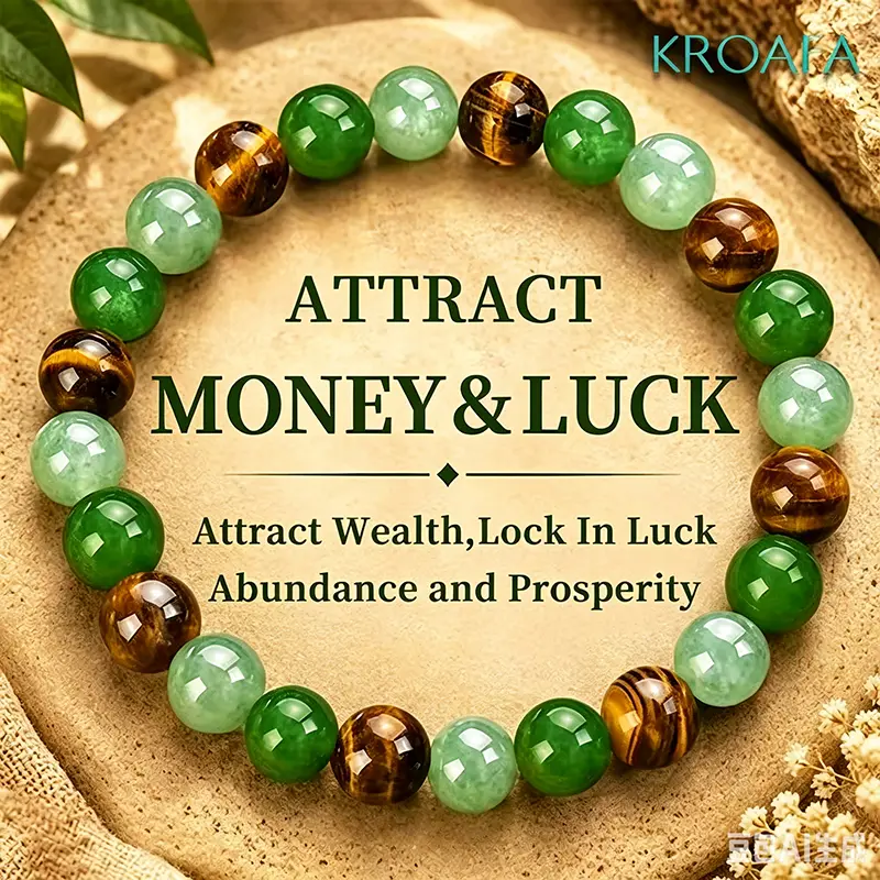 KROAFA wealth bracelet featuring natural Dongling jade, green quartz, and tiger’s eye—a lucky bracelet that attracts wealth, locks in good fortune, and brings abundance and prosperity; a blue friendship beaded protective bracelet, ideal as an encouragemen