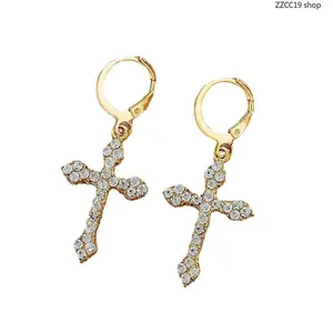 Women's Rhinestone Cross Dangle Earrings - Gold Accent Crystal Hoop Earrings, Long Dangly Christian Graphic Religious Motif Jewelry for Party Daily Wear, Earring For Women, Christian Graphic Earrings