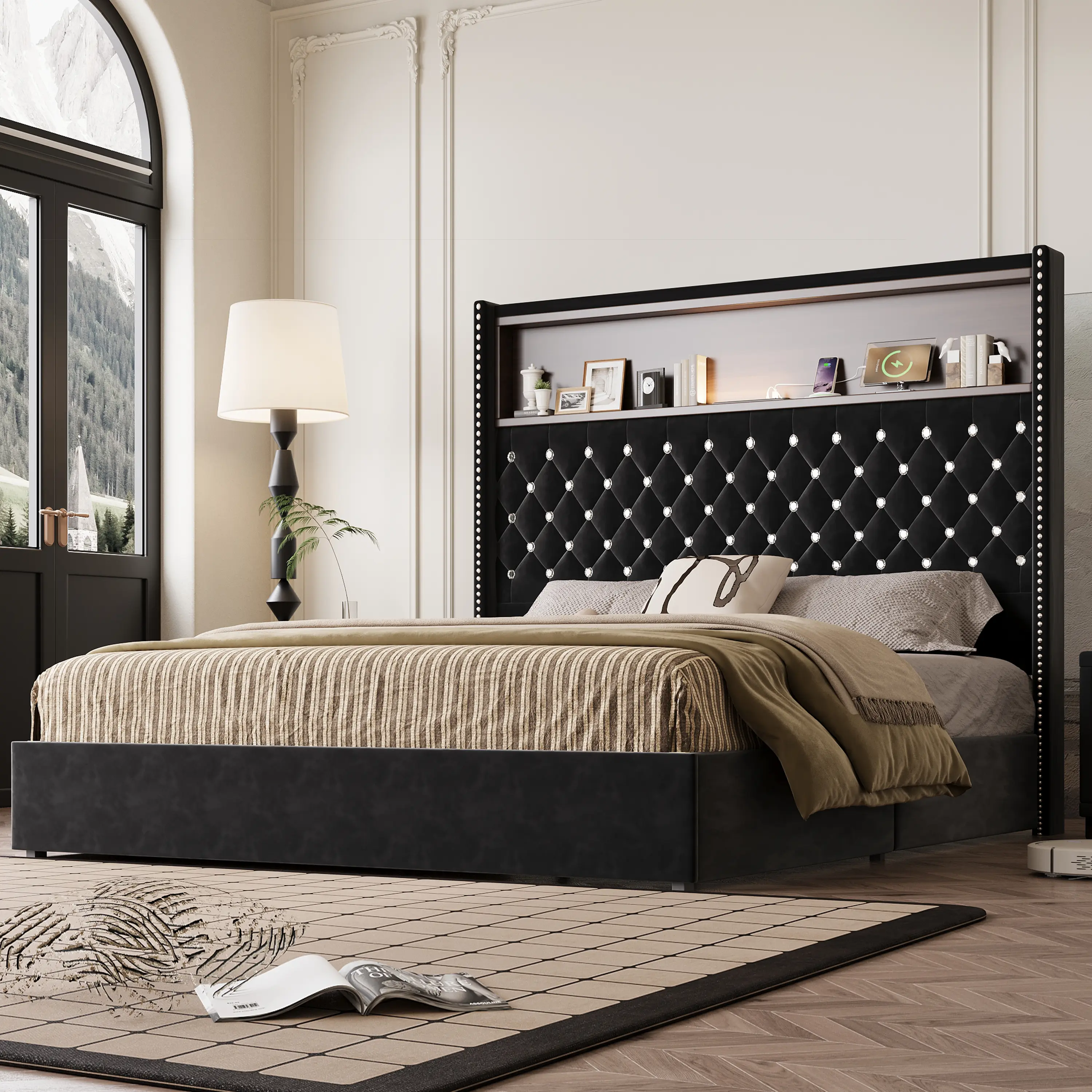 Velvet Tufted Wing-Back Platform Bed Frame - Queen/Full Size, 52in High Headboard with Rivet Decoration, Shelf, USB Port, Night Light - Black/Beige, Full Size Bed