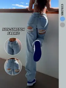 Women's Loose Straight Leg Light Wash Denim Jeans, Ripped Back Design, Casual Fashion, Perfect Gift, Suitable for Any Occasion, All Seasons, Pants