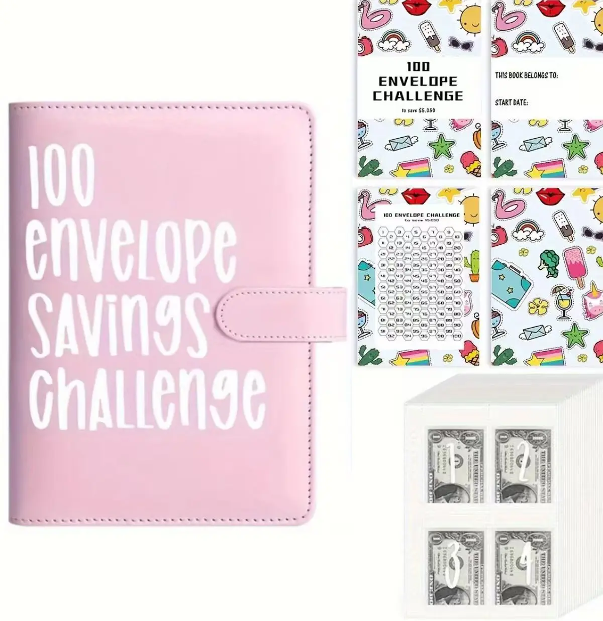100 Envelopes Money Saving Challenge - A5 Money Saver Budget Binder Book with Cash Envelopes and Numbers, 100-Days of Easy and Funny Ways to Save $5,050 Cash Envelope Challenge Binder, Pink