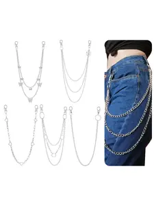 5 Pieces Silver Multi Layer Pants Chains Set Butterfly Lock Round Star Heart Charms Jeans Chain Accessory Hip Hop Punk Goth Wallet Chain Rock Belt Loop Trousers Chain For Women Men Daily Wear